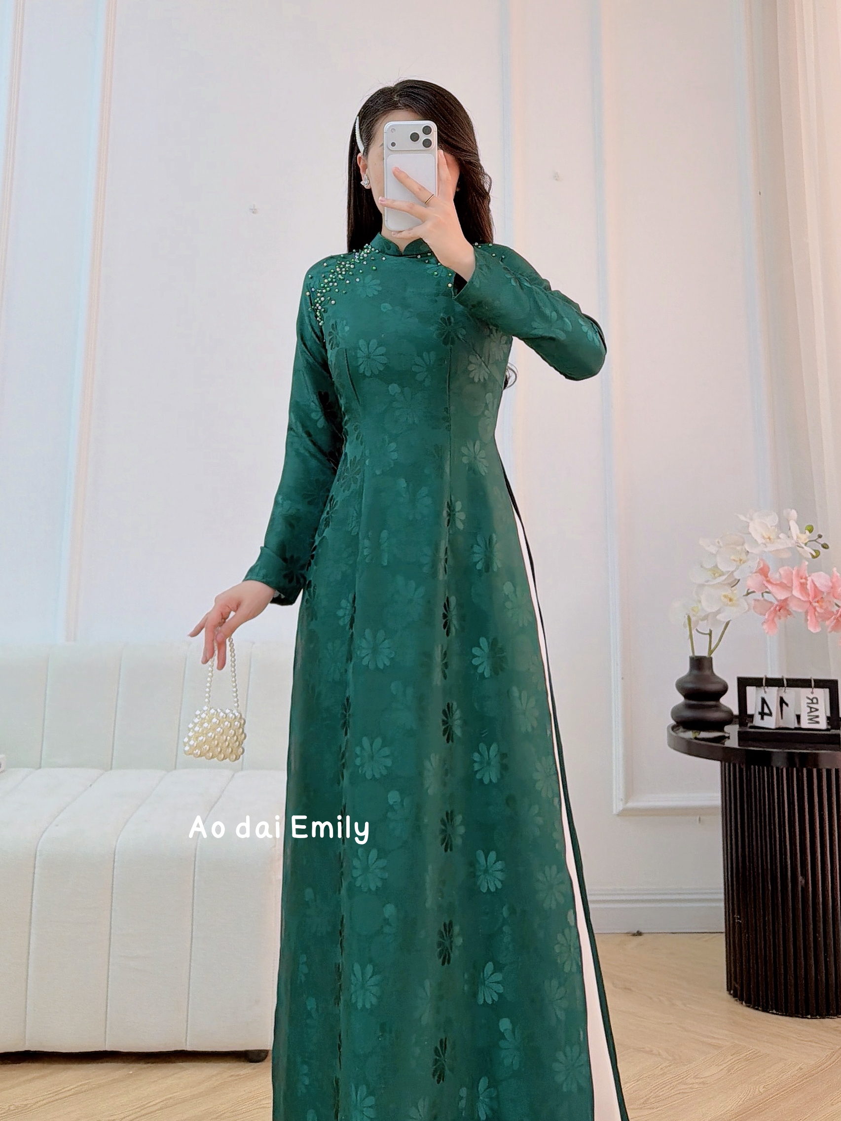 Jungle Green Double layers traditional áo dài with design beading |Southern Blue flag