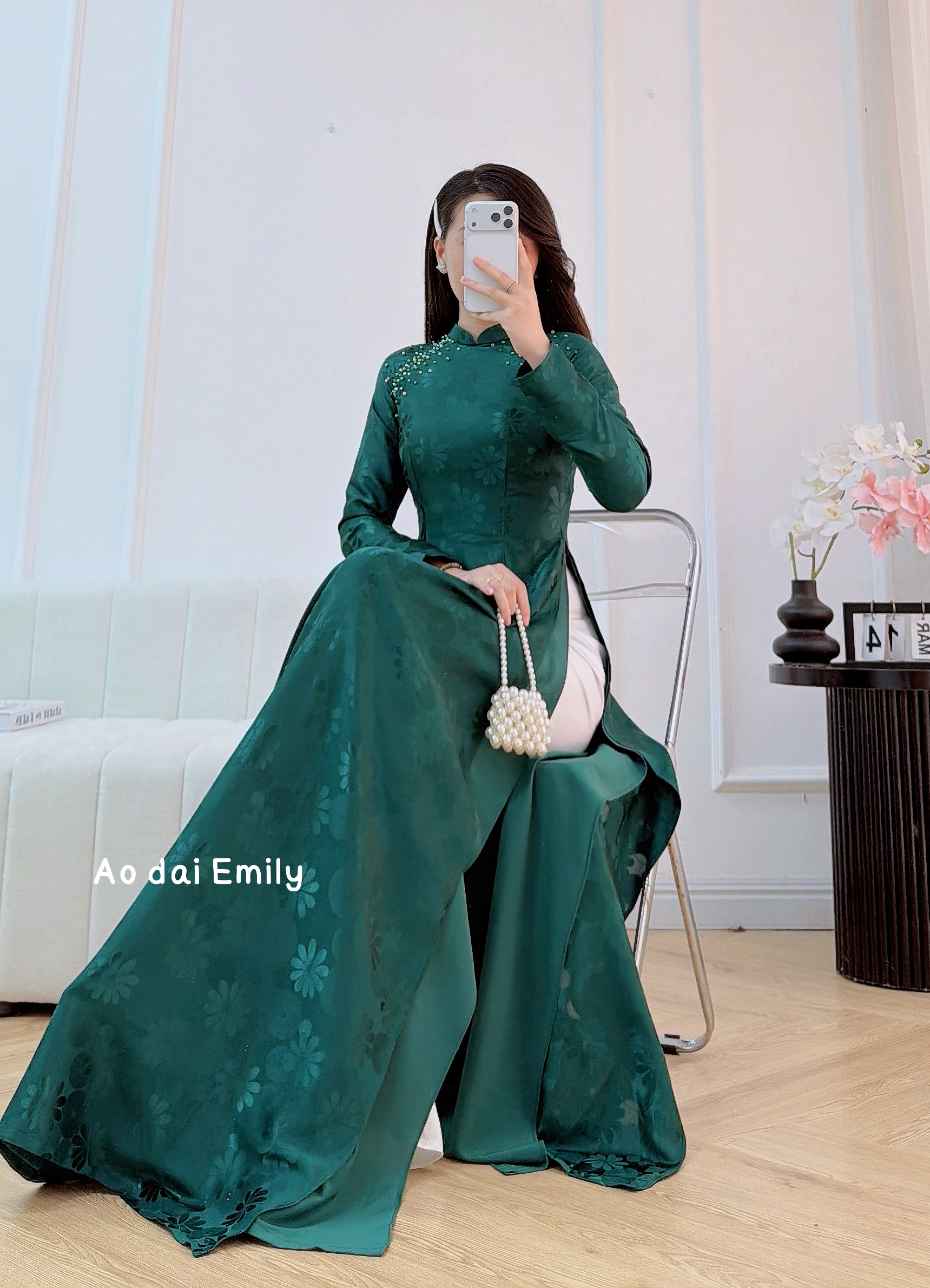 Jungle Green Double layers traditional áo dài with design beading |Southern Blue flag