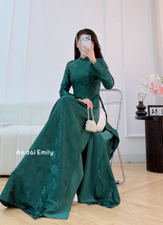 Jungle Green Double layers traditional áo dài with design beading |Southern Blue flag