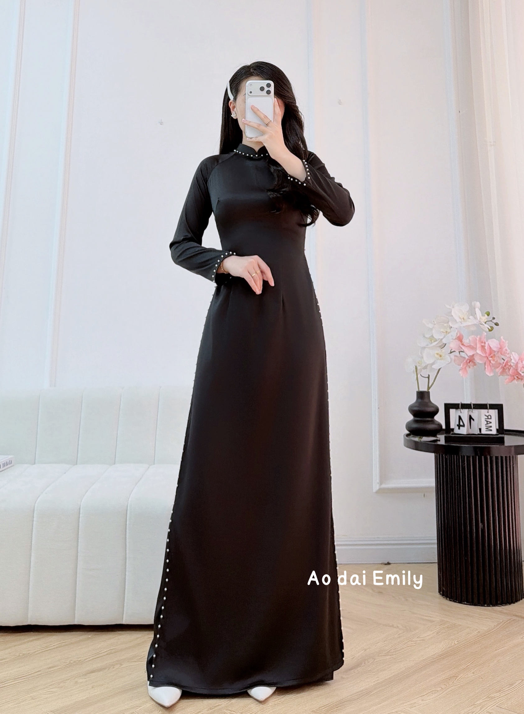 Plain Black Ao Dai Set with pearls | Gayfeather