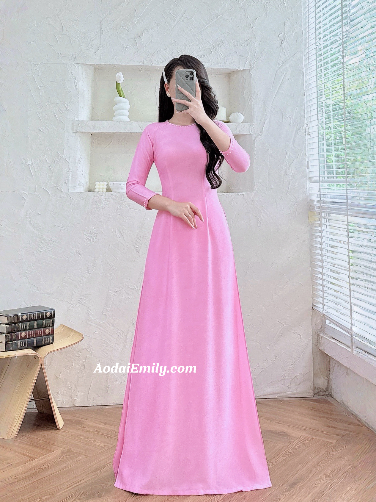 Plain Pink ao dai with pearls