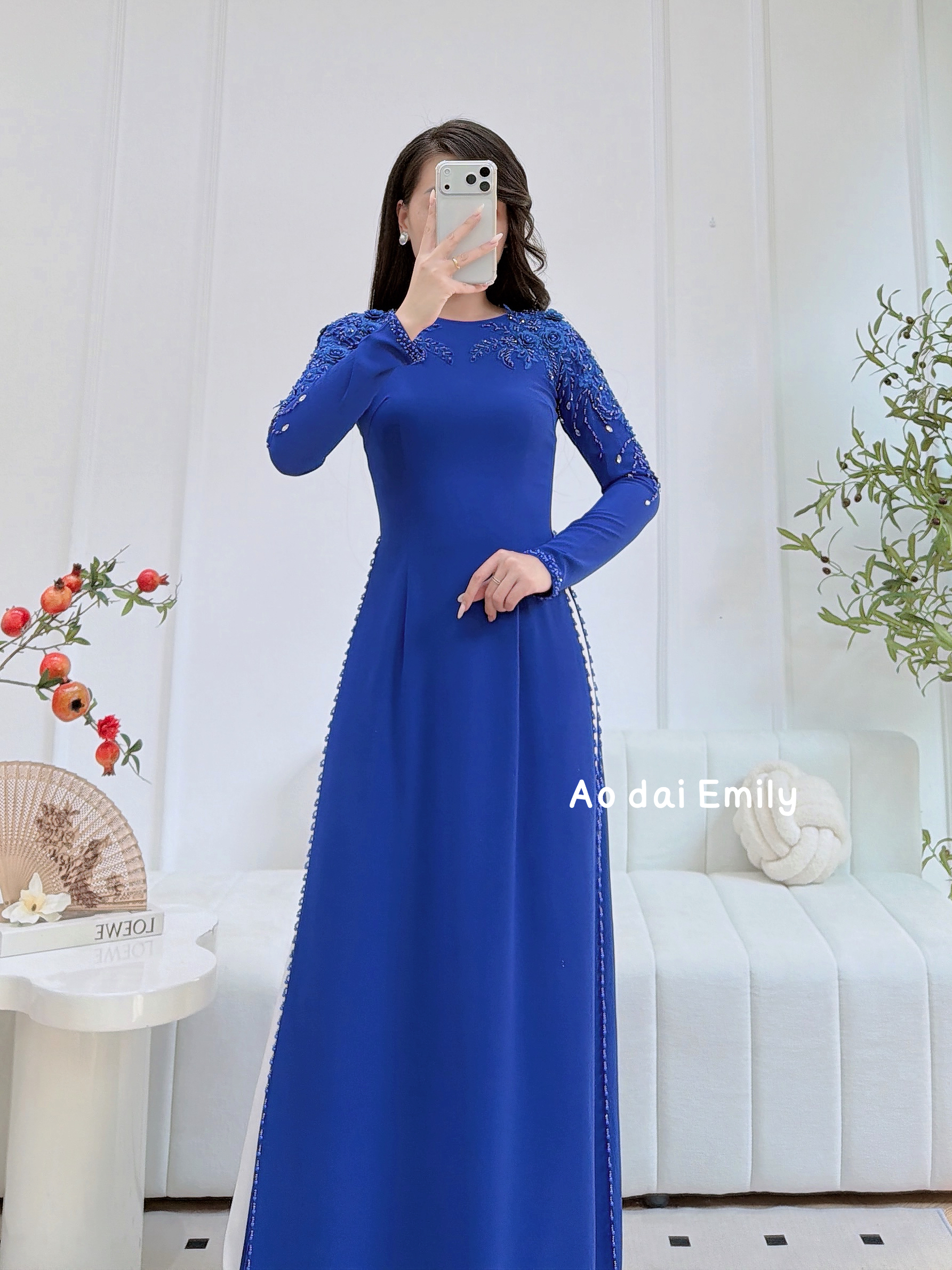 Blue ao dai with hand beading crystals and 3D flowers