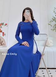 Blue ao dai with hand beading crystals and 3D flowers