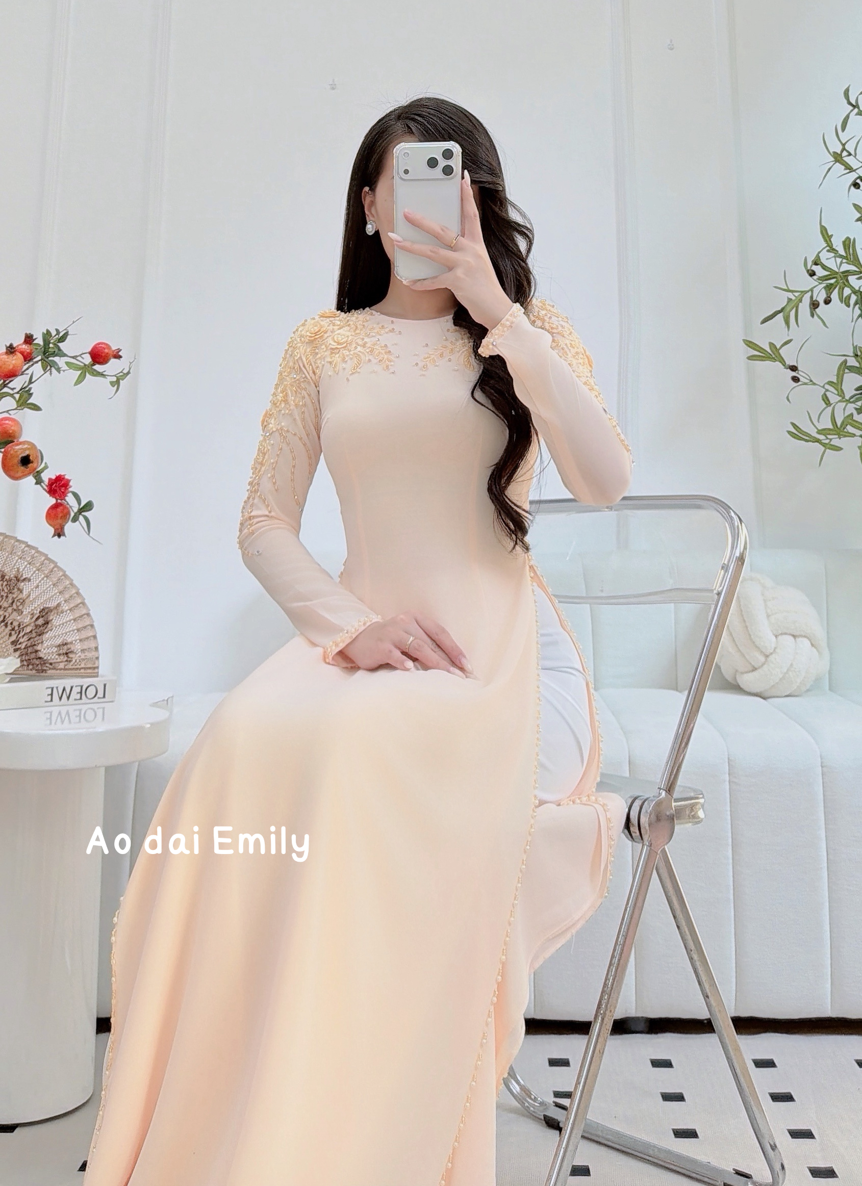 Traditonal ao dai with hand beading crystals and 3D flowers