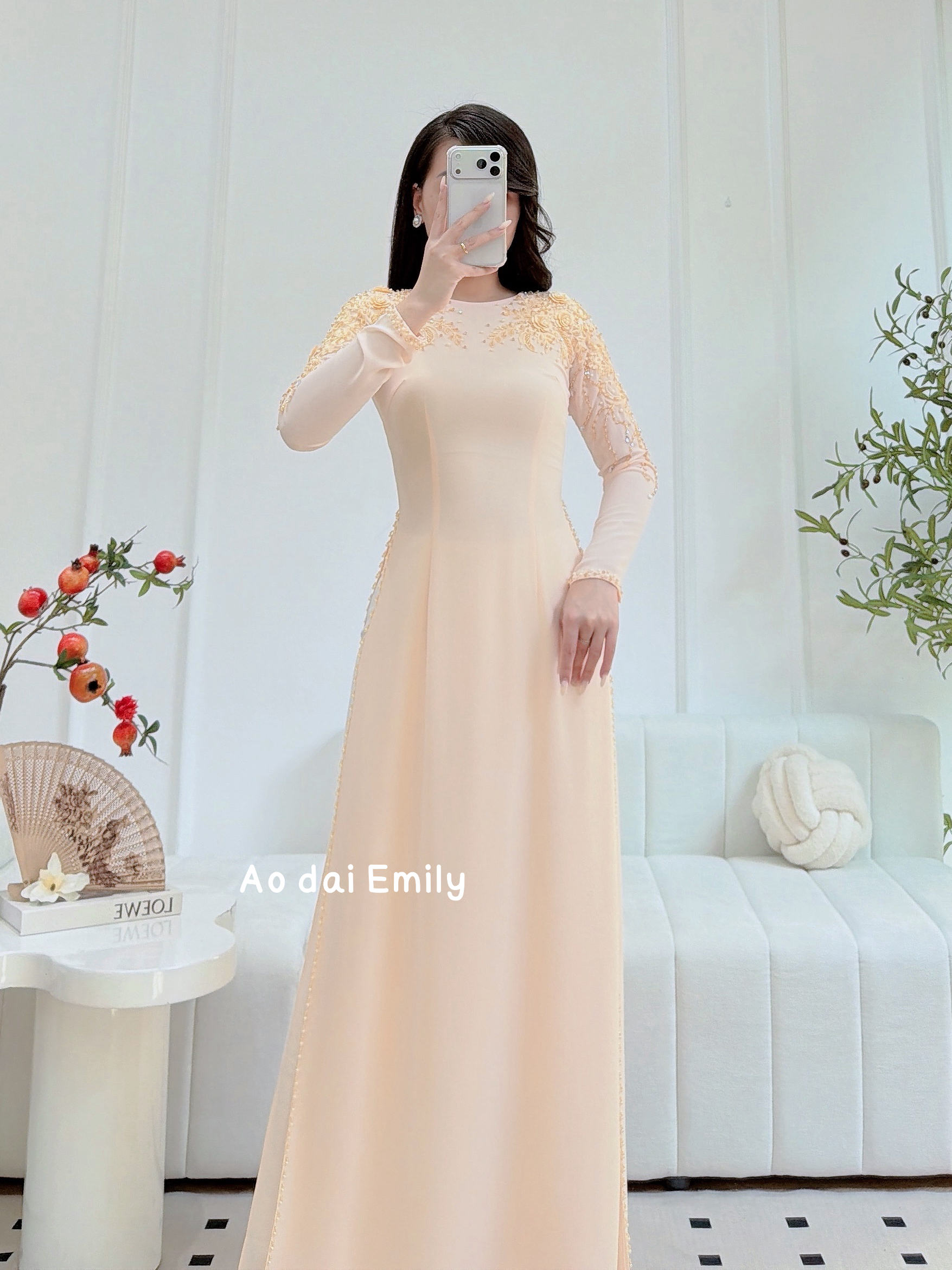 Traditonal ao dai with hand beading crystals and 3D flowers