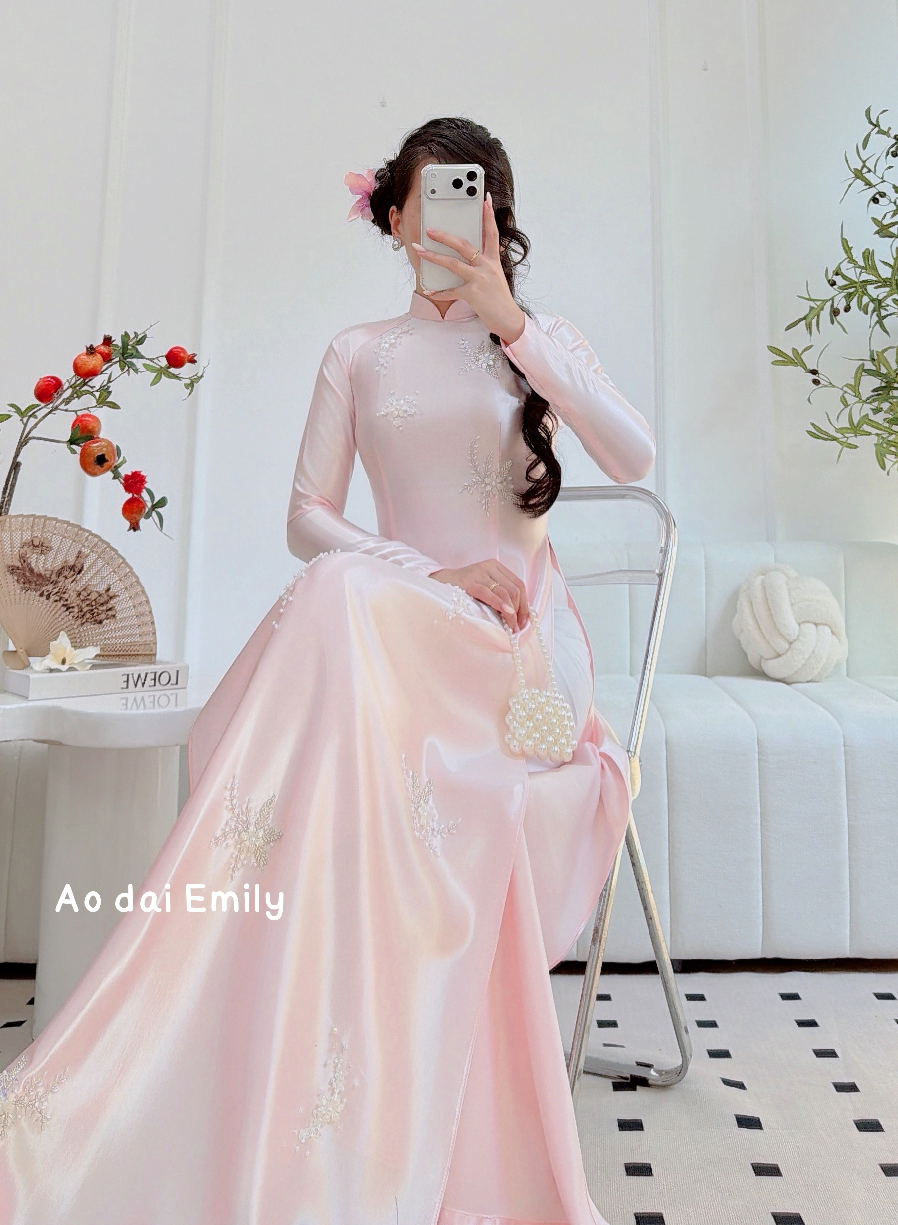 Pastel Pink ao dai with beading crystals and pearls