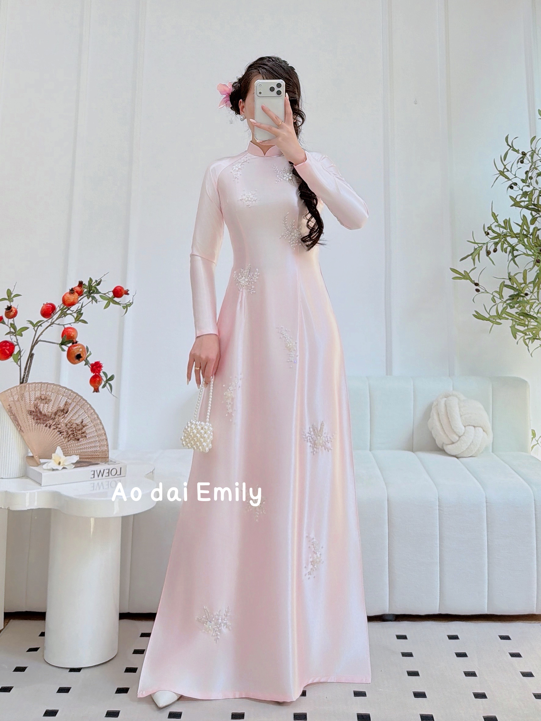 Pastel Pink ao dai with beading crystals and pearls