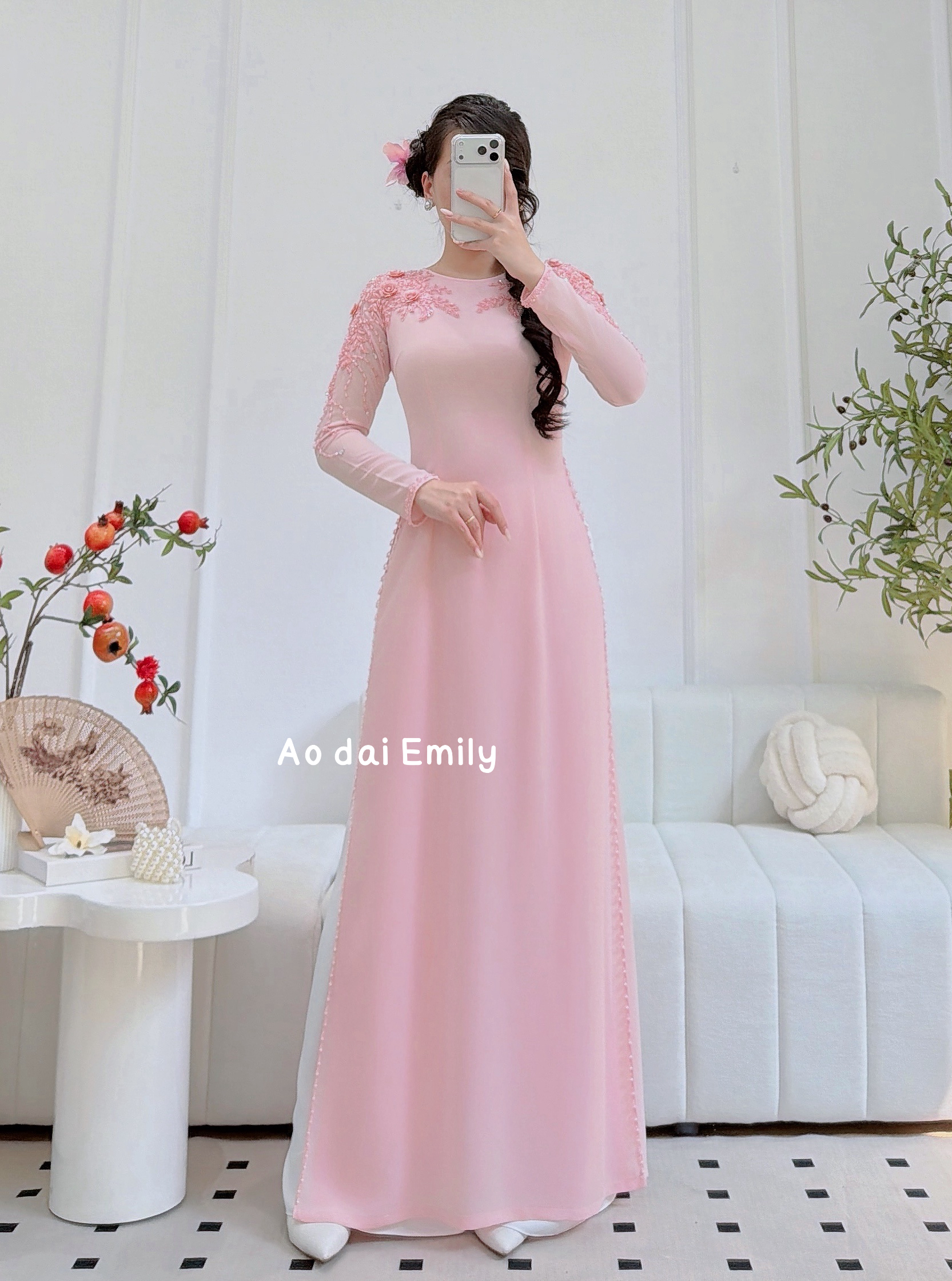Pink ao dai with hand beading crystals and 3D flowers