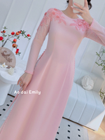 ALLYSON Pink ao dai with hand beading crystals and 3D flowers