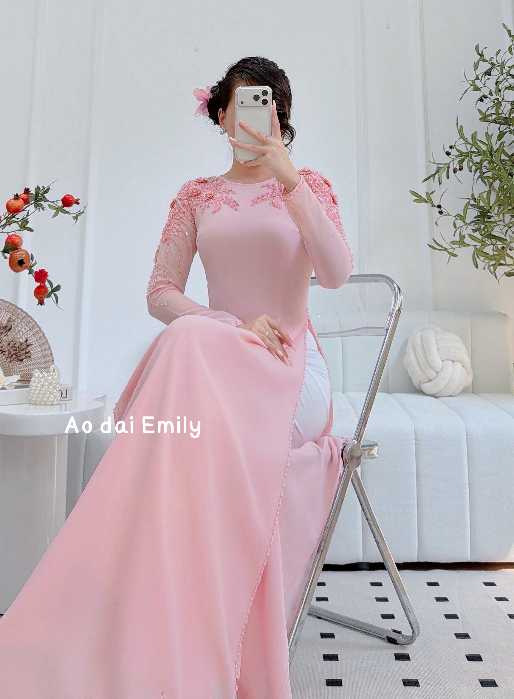 Pink ao dai with hand beading crystals and 3D flowers