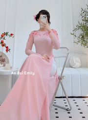 Pink ao dai with hand beading crystals and 3D flowers