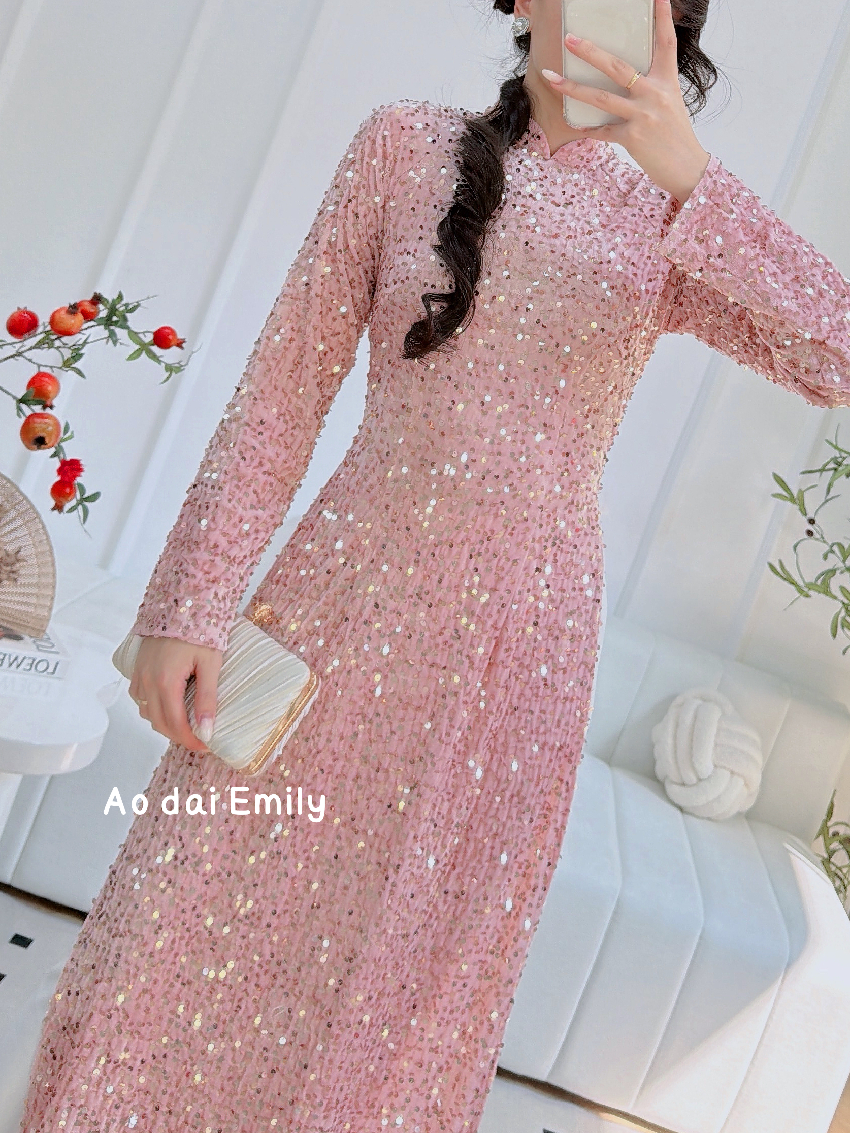 Sequin/sparkly Pink Velvet Ao dài|