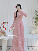 REMY Sequin/sparkly Pink Velvet Ao dài|
