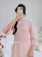 Pink Lace Matching Mom Girl Ao Dai with Sparkling sequin
