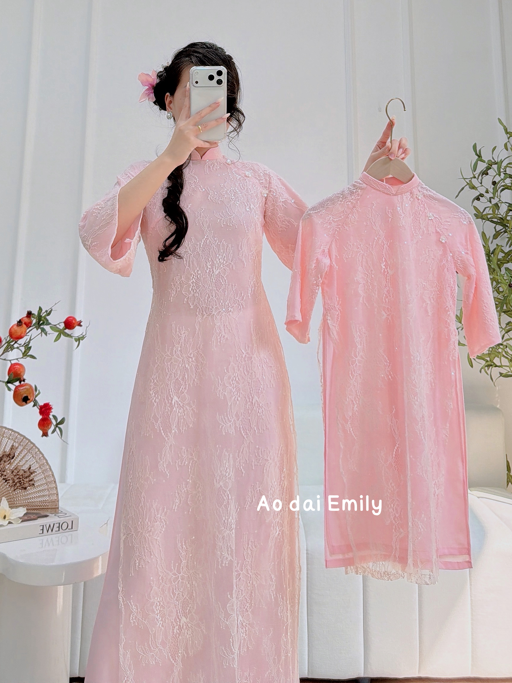 Pink Lace Matching Mom Girl Ao Dai with Sparkling sequin