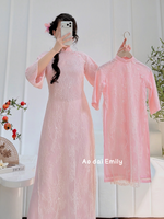 Pink Lace Matching Mom Girl Ao Dai with Sparkling sequin