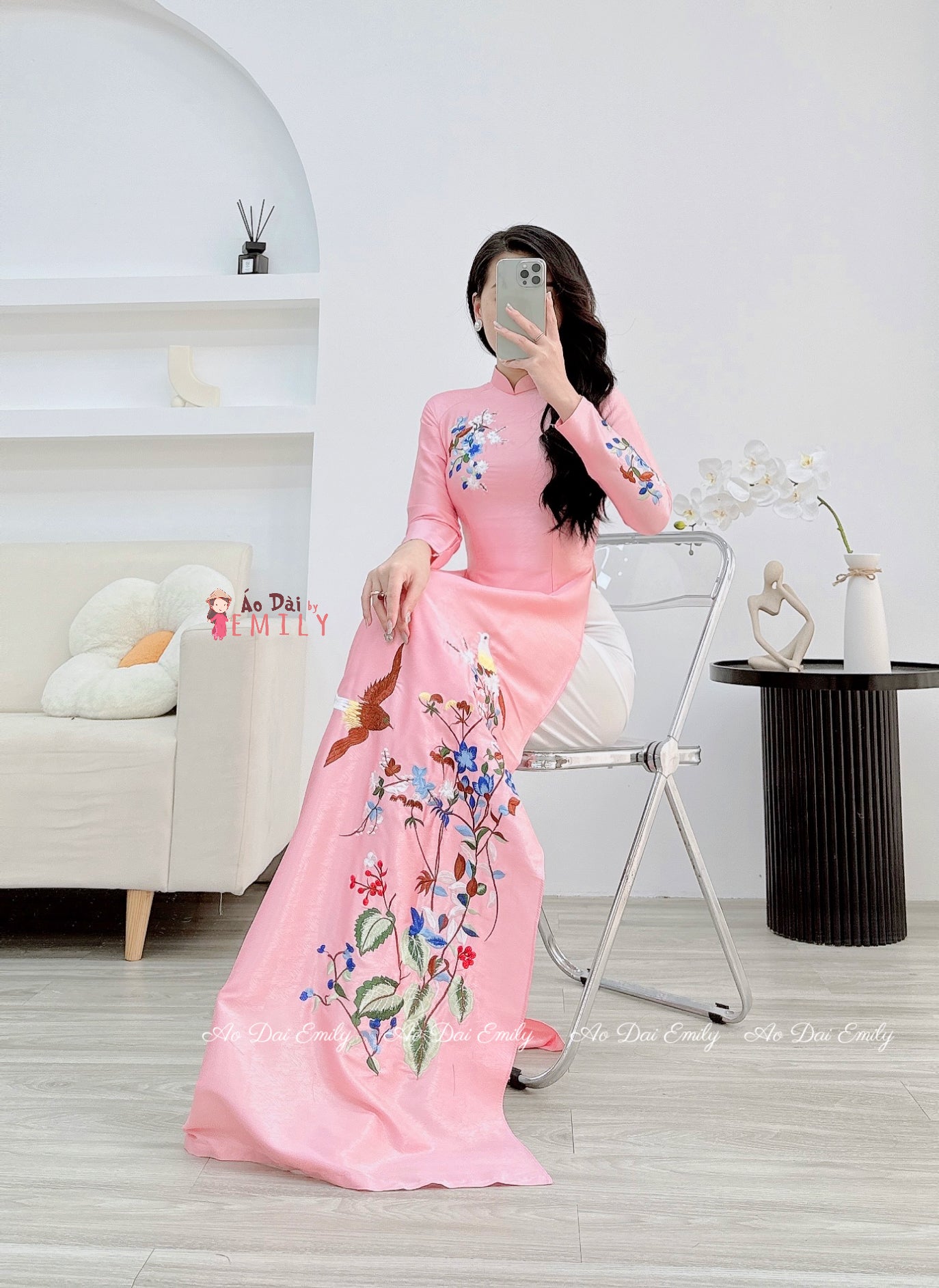 Pink embroidery traditional ao dai