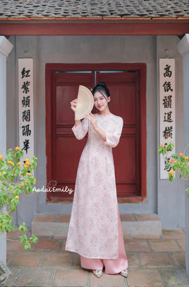 SCARLETT Pastel Pink Printed Mini Rose flowers ao dai set