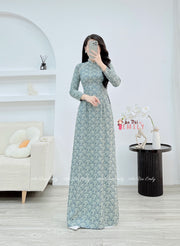 Ao dài lụa gấm hoa cúc kết hạt