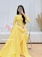 LEGACY Yellow ao dai with simple crystals collar