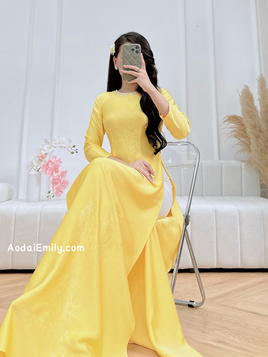 LEGACY Yellow ao dai with simple crystals collar