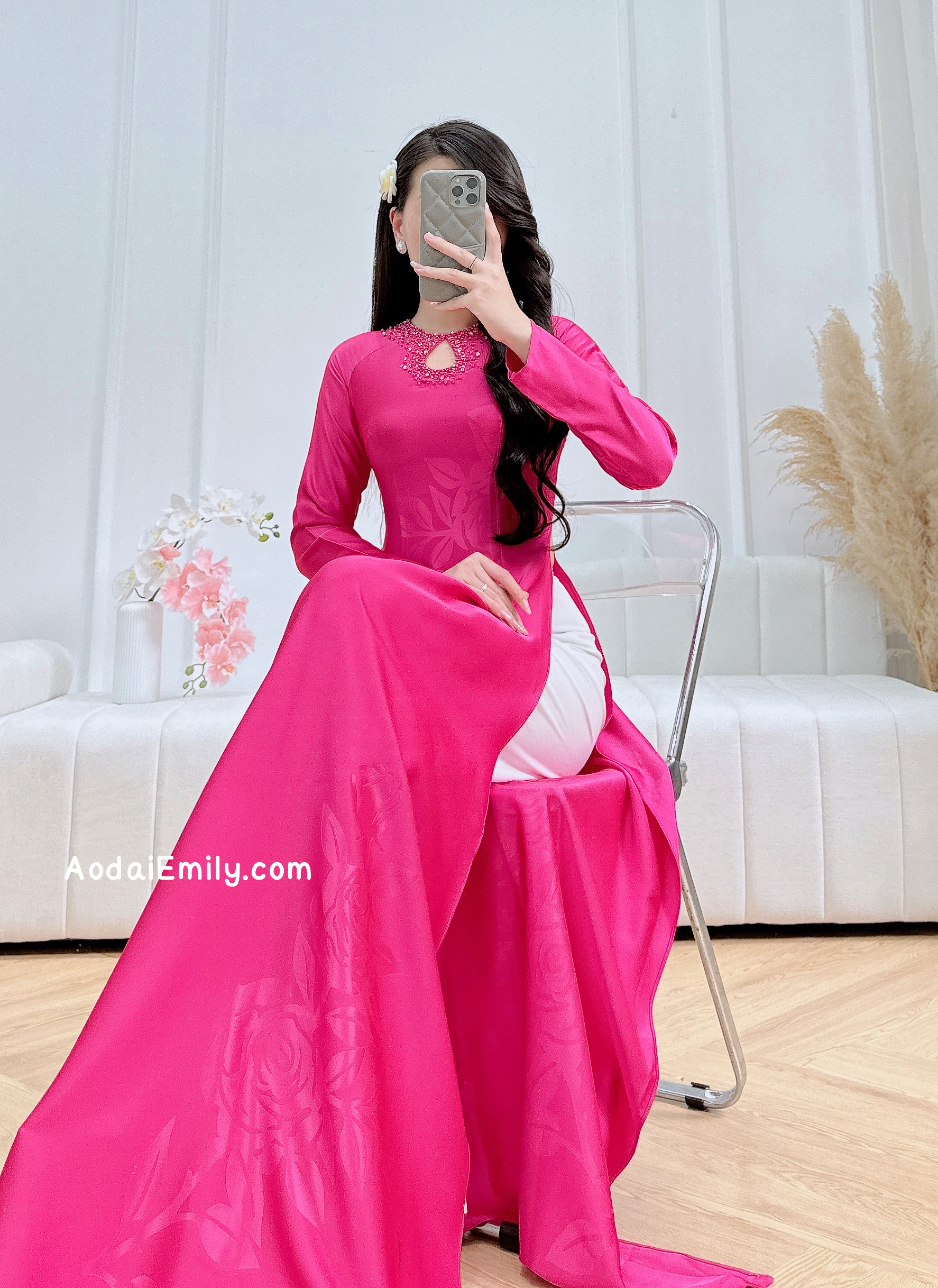 Hot pink ao dai with simple crystals rhinestones