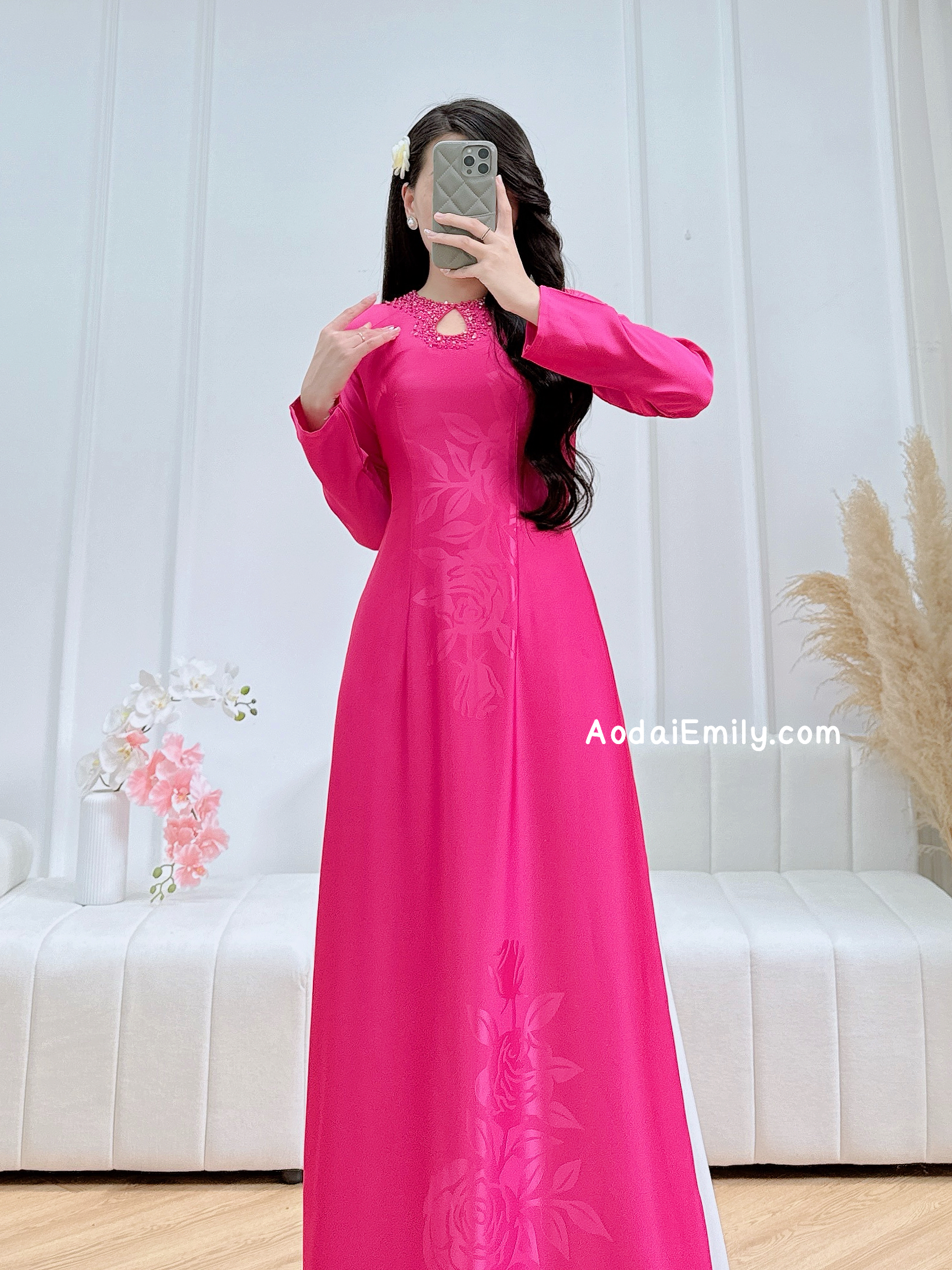 Hot pink ao dai with simple crystals rhinestones