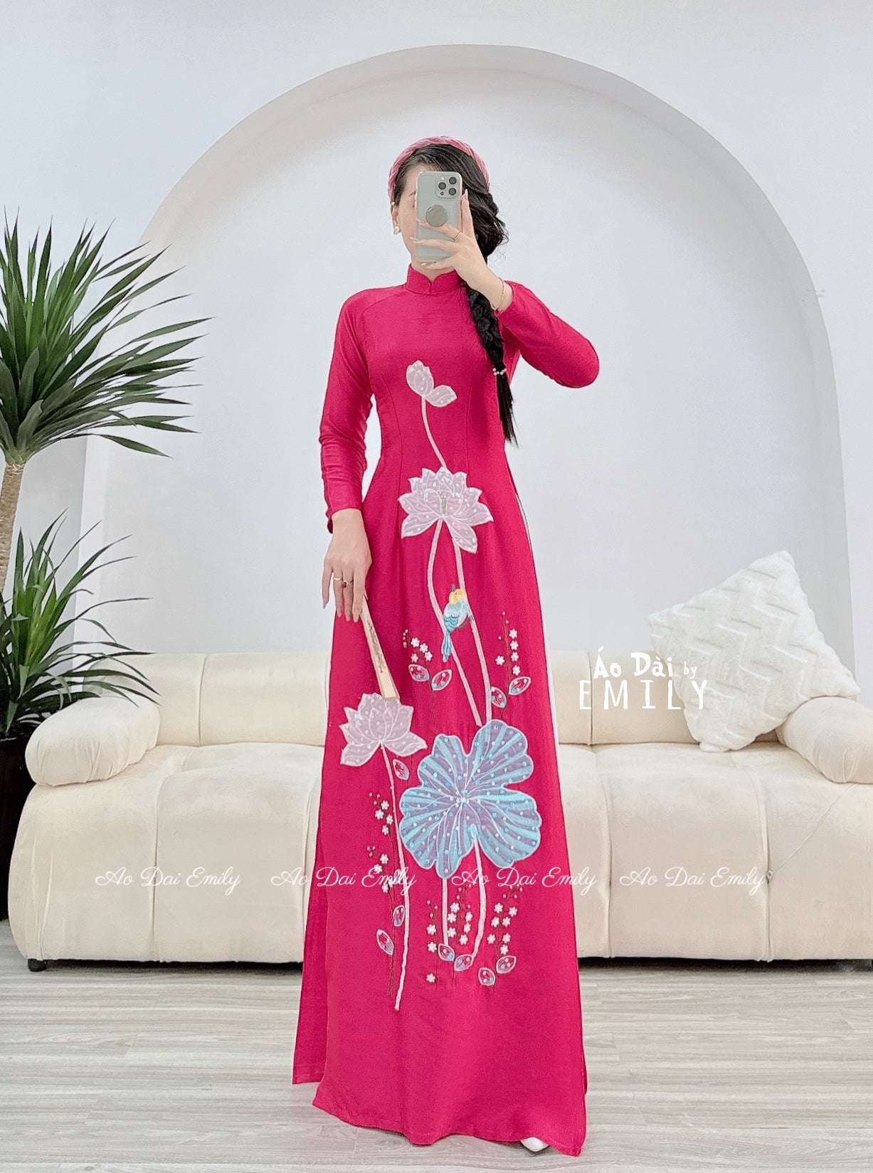 Fuchsia Ao Dai | Hand-Beaded Lotus Embroidery