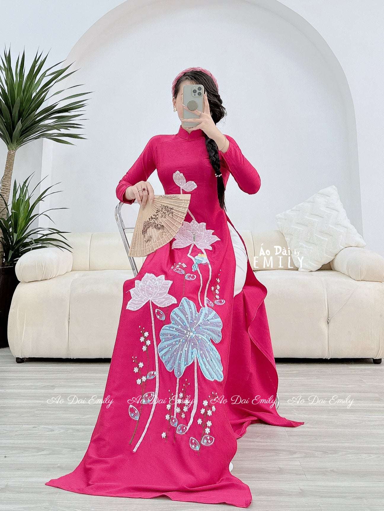 Fuchsia Ao Dai | Hand-Beaded Lotus Embroidery