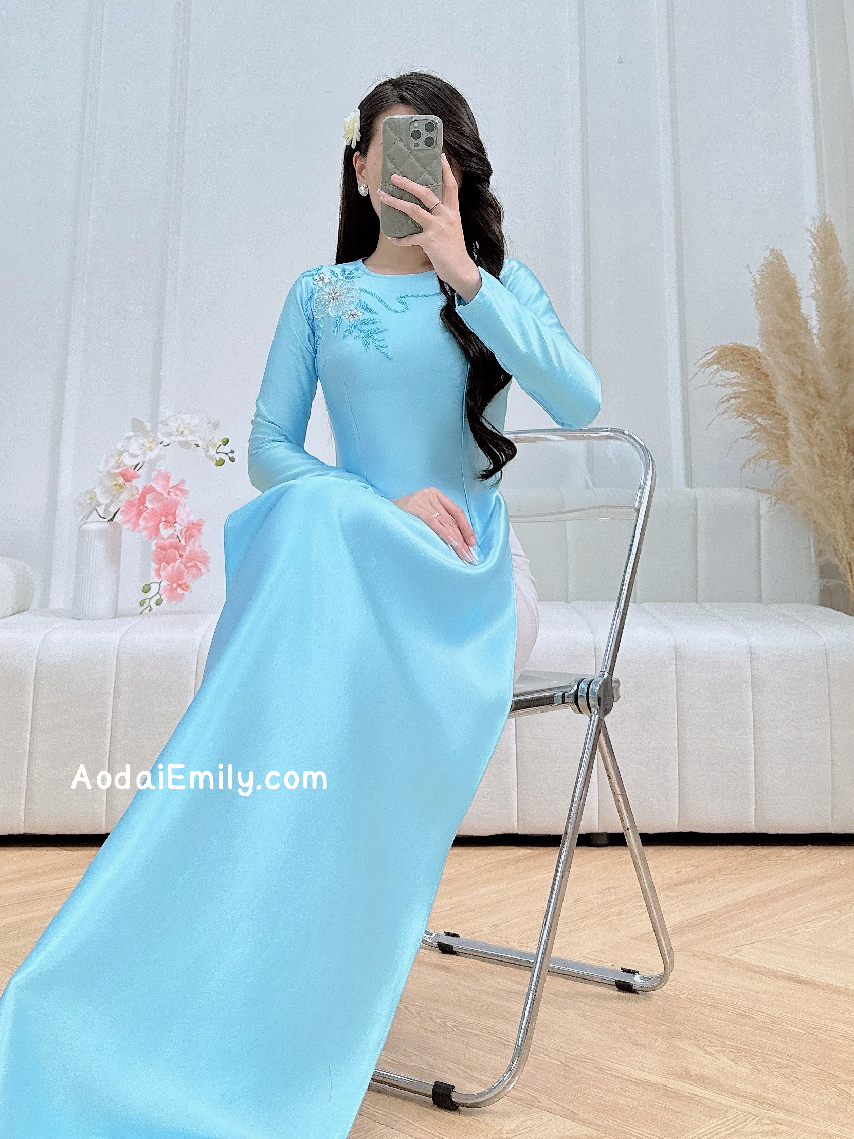 Light blue Hand beading flowers with crystals Pre made ao dai