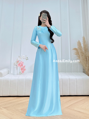 Light blue Hand beading flowers with crystals Pre made ao dai