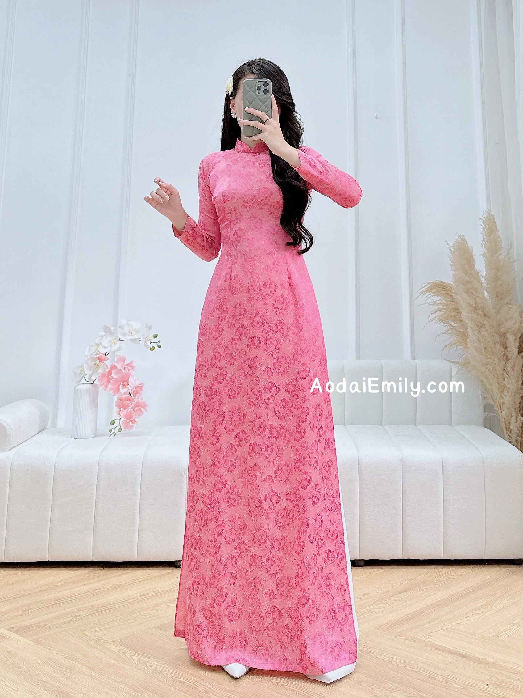 Ao dài gấm| Pink flowers pattern Traditional Ao dai Gam
