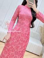 ELLIS Ao dài gấm| Pink flowers pattern Traditional Ao dai Gam