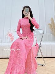 Ao dài gấm| Pink flowers pattern Traditional Ao dai Gam