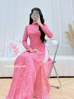 ELLIS Ao dài gấm| Pink flowers pattern Traditional Ao dai Gam