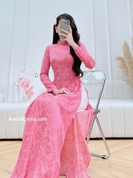 ELLIS Ao dài gấm| Pink flowers pattern Traditional Ao dai Gam
