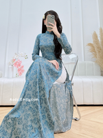 GWEN Ao dài gấm| Dark Blue flowers pattern Traditional Ao dai Gam