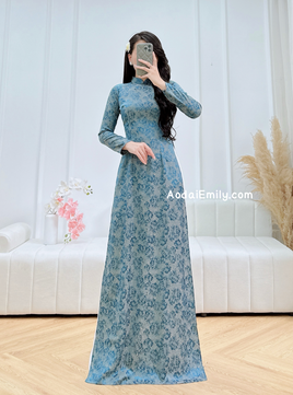GWEN Ao dài gấm| Dark Blue flowers pattern Traditional Ao dai Gam
