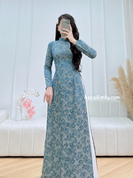 GWEN Ao dài gấm| Dark Blue flowers pattern Traditional Ao dai Gam