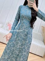 GWEN Ao dài gấm| Dark Blue flowers pattern Traditional Ao dai Gam