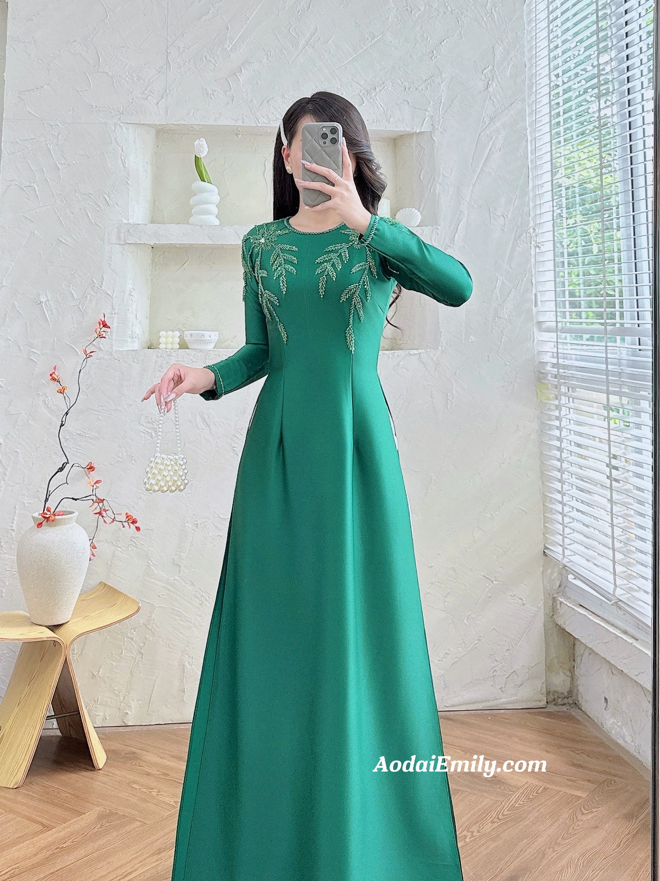 Plain Dark Green ao dai with hand beading designed crystals