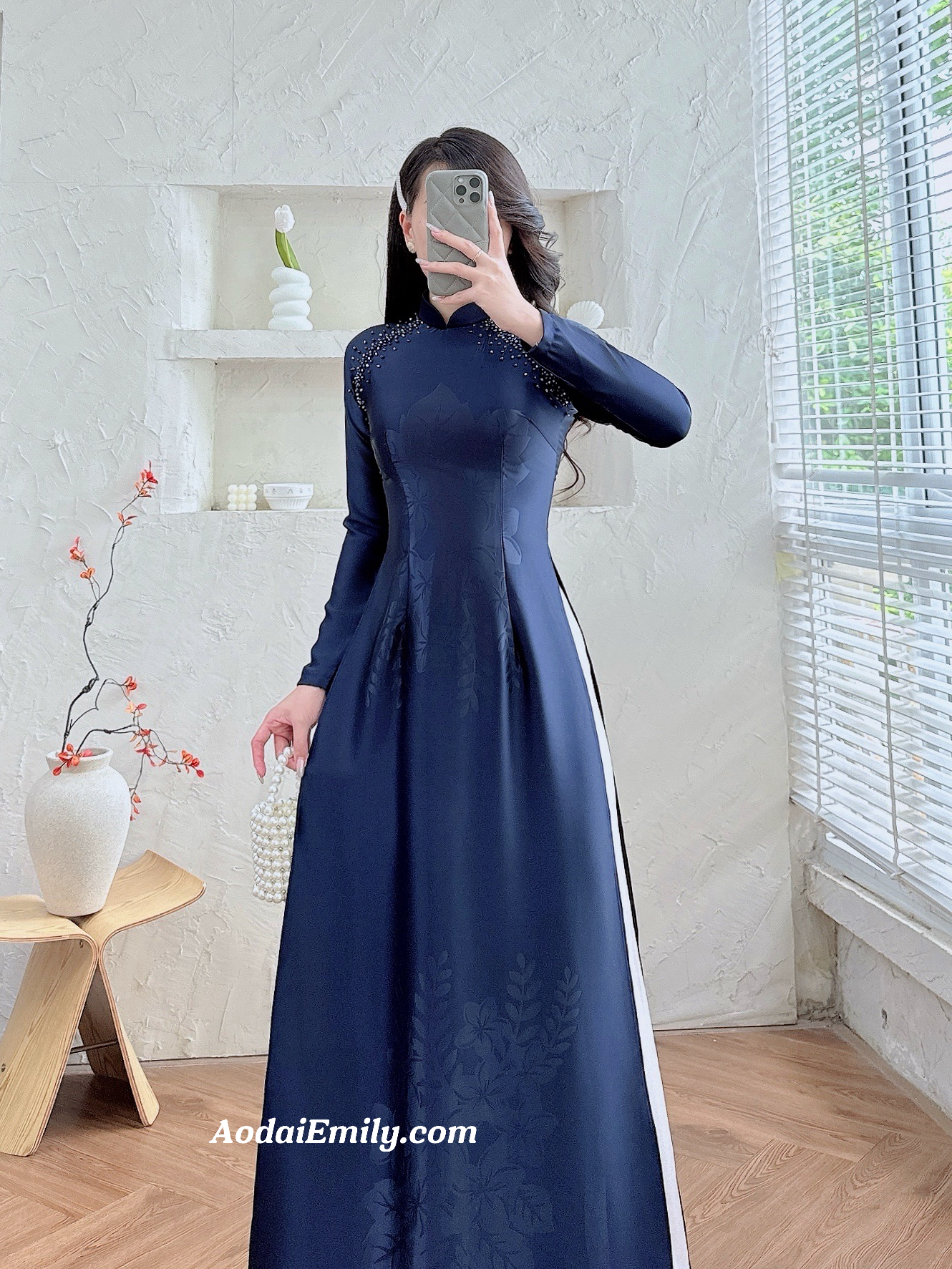 Dark Blue ao dai with designed crystals