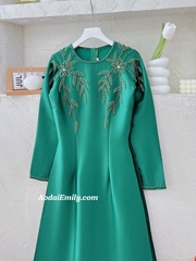 Plain Dark Green ao dai with hand beading designed crystals