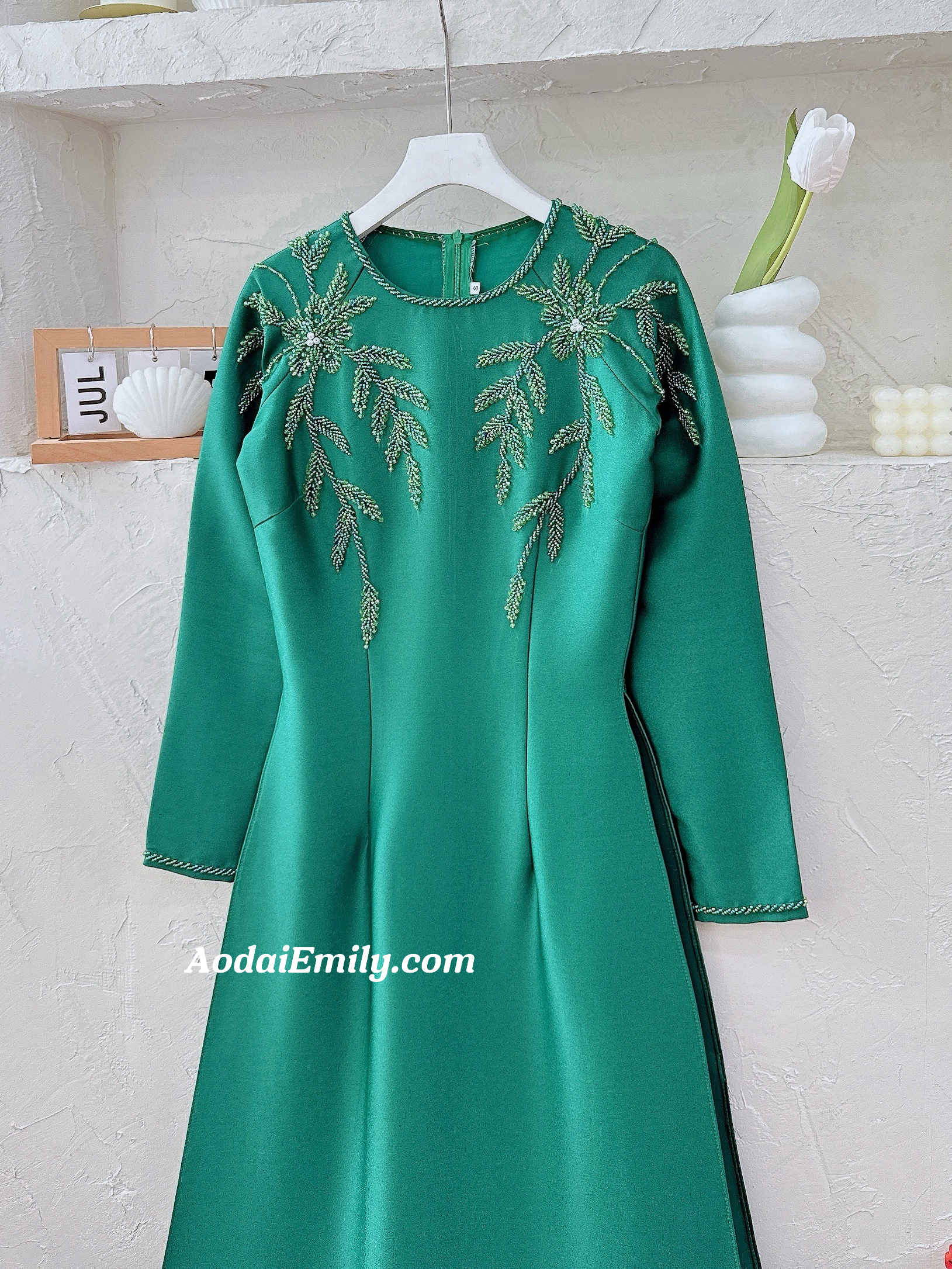 SKYE Plain Dark Green ao dai with hand beading designed crystals