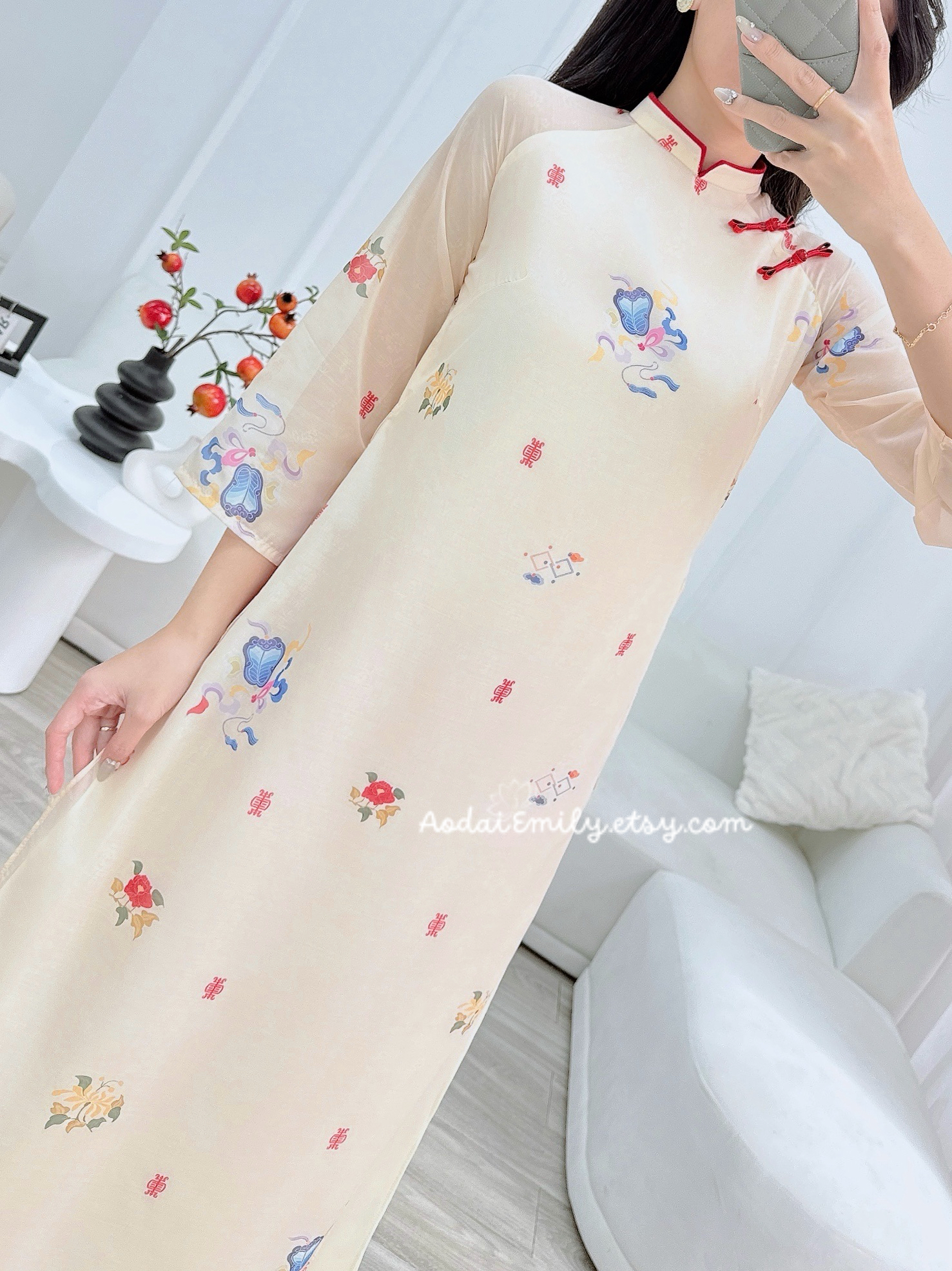 Modern Ao Dai Dress with Red Pants