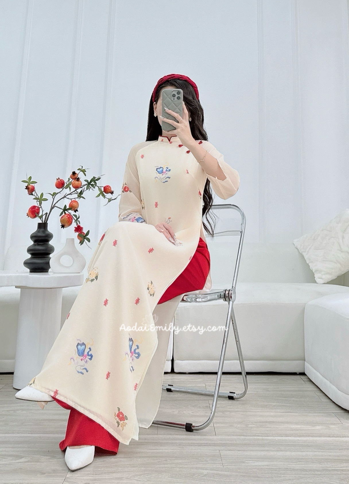 Modern Ao Dai Dress with Red Pants