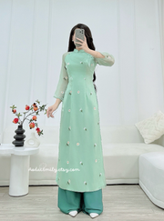 Light green modern ao dai set with mini daisy embroidery| Begonia