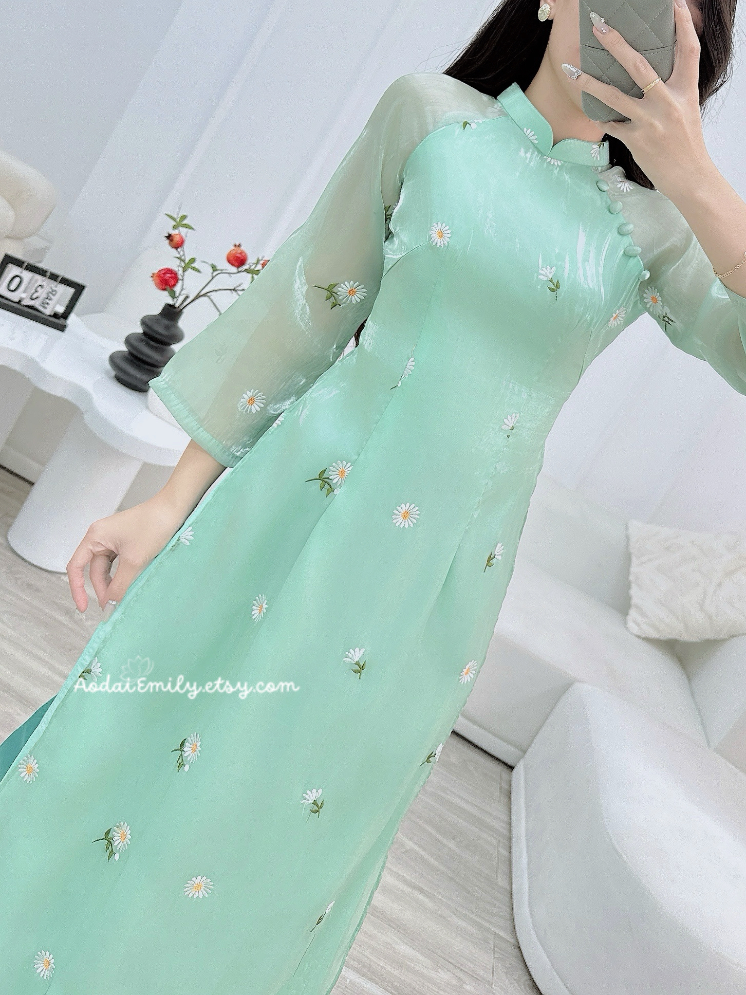 Light green modern ao dai set with mini daisy embroidery| Begonia