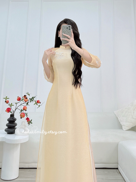 HANNAH Modern ao dai with hand beaded lily of the valley flowers