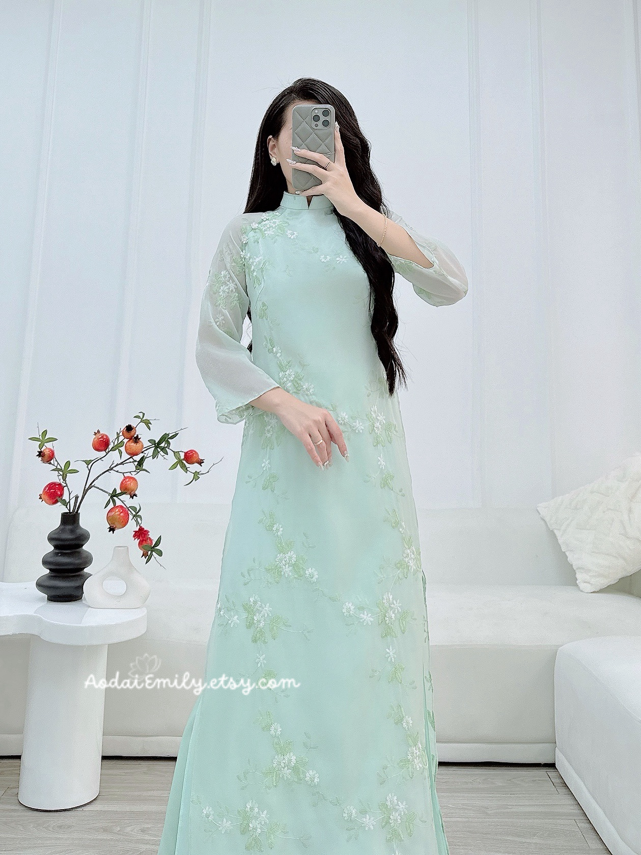 Sage Green Modern ao dai with embroidery flowers patterns| Wolfsbane